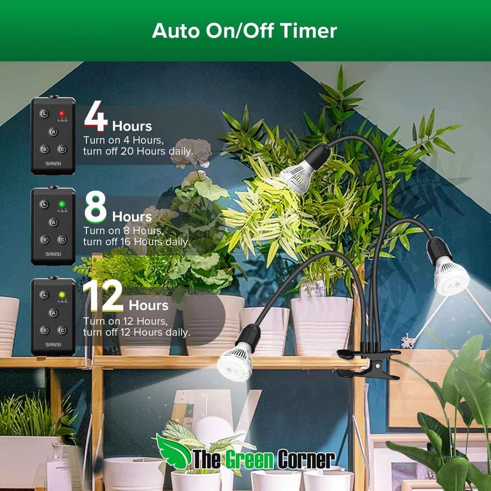 Lámpara LED de Cultivo SANSI 30W con Pinza, 3 Cabezales Flexibles y Temporizador