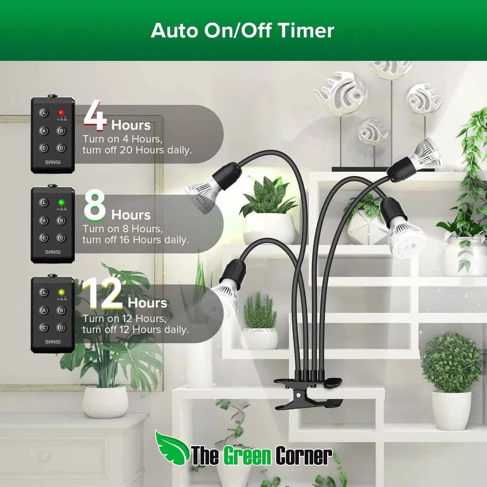 Lámpara LED de Cultivo SANSI 40W con Pinza, 4 Cabezales Flexibles y Temporizador