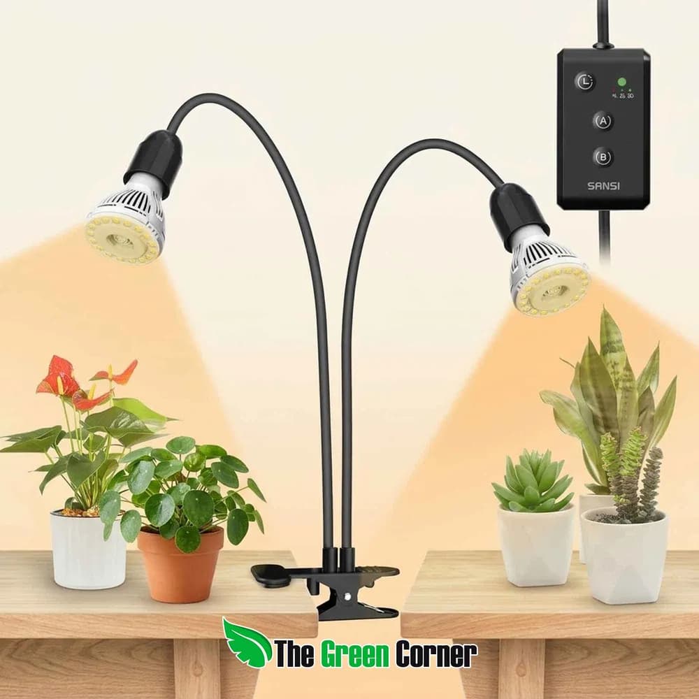 Lámpara LED de Cultivo SANSI 20W con Pinza, 2 Cabezales Flexibles y Temporizador
