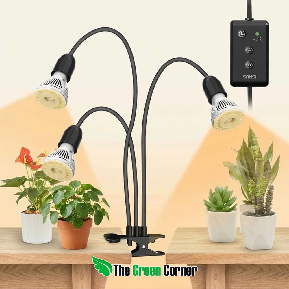 Lámpara LED de Cultivo SANSI 30W con Pinza, 3 Cabezales Flexibles y Temporizador